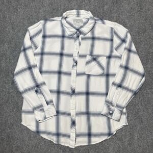 Rails Size Medium Women's Button Up Flannel White Navy Pocket Rayon Lightweight‎